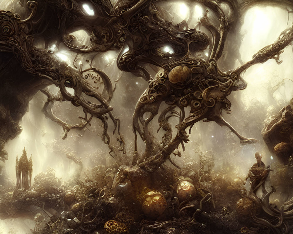 Dark Fantasy Forest with Twisted Trees and Glowing Orbs