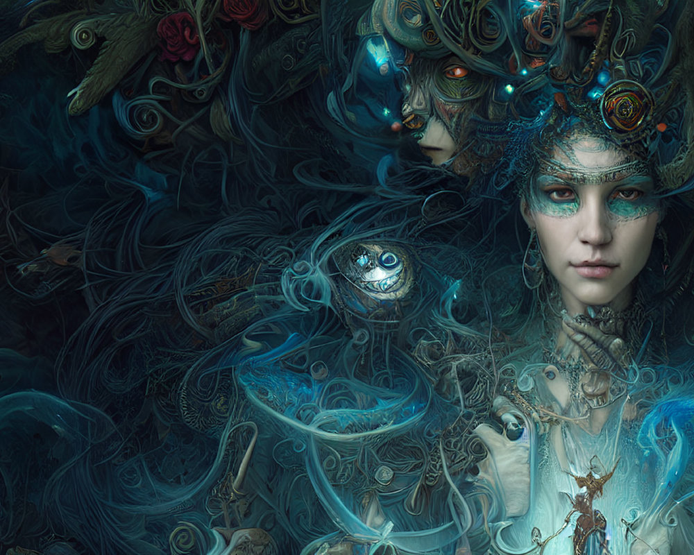 Fantastical digital art: Pale woman with blue and gold headdresses, surrounded by ethereal tendr