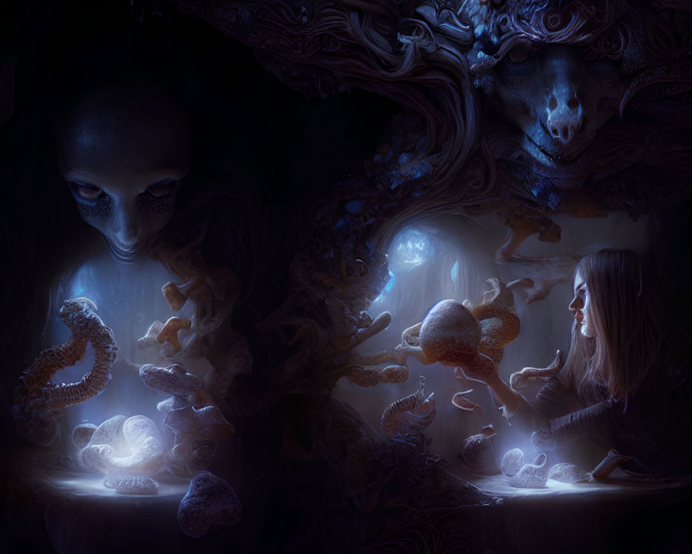 Surreal artwork: Alien and human figures in dark setting observing glowing marine life