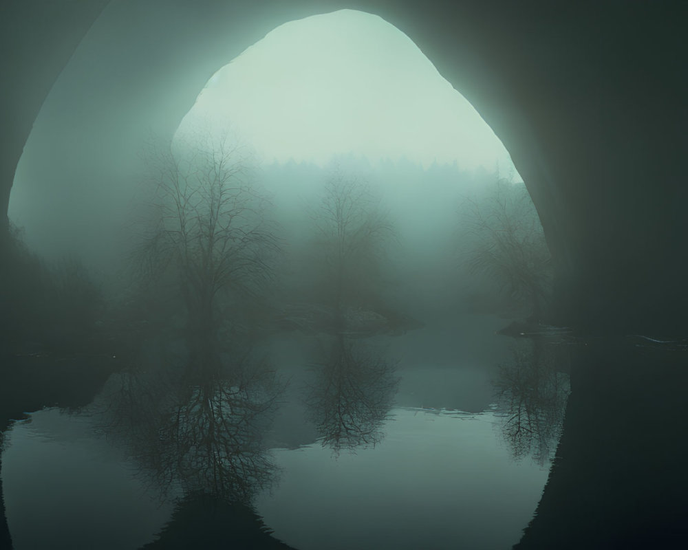 Tranquil misty landscape with leafless trees reflected in water viewed through archway