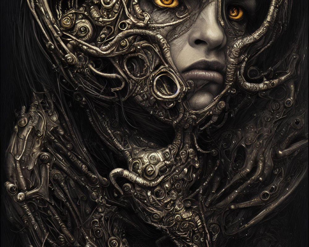 Detailed digital artwork: Person with mechanical hood, intricate gear designs, and glowing yellow eyes.