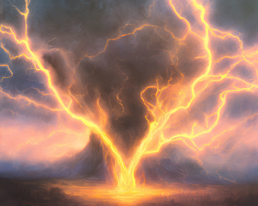 Ethereal landscape with lightning tree against dramatic sky