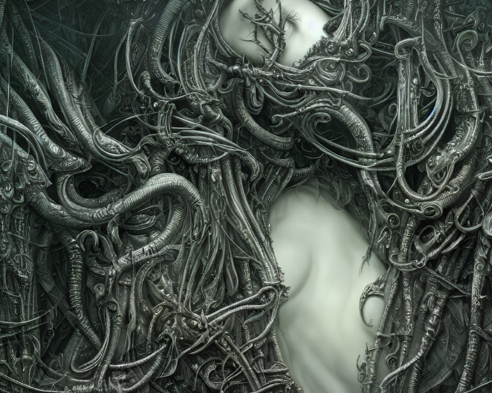 Monochrome artwork featuring intricate tendrils and mechanical parts around a ghostly figure