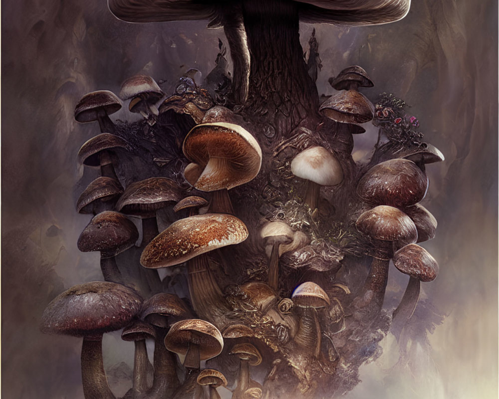 Diverse Mushroom Array in Misty Forest