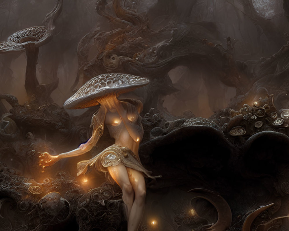 Fantastical forest scene with oversized mushrooms and glowing orbs