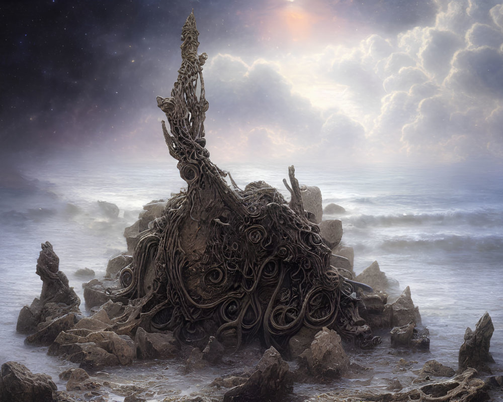 Fantasy-style ornate structure on rocky shore with ocean backdrop