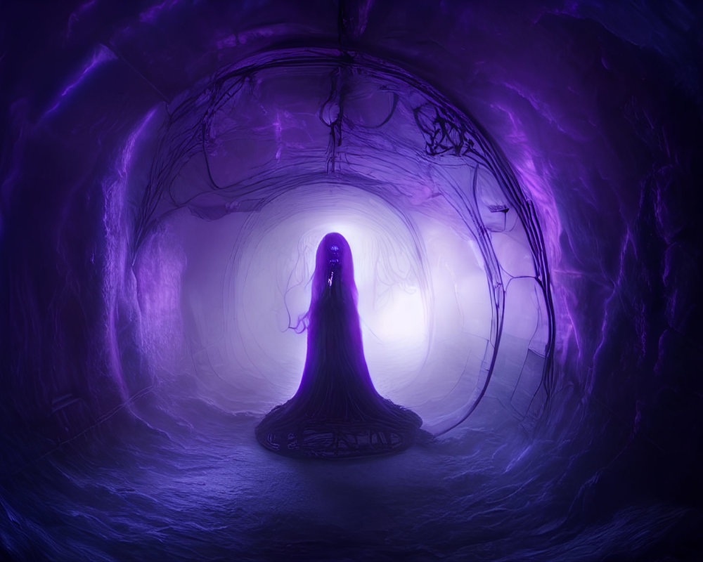 Mystical figure in cloak at center of glowing purple tunnel