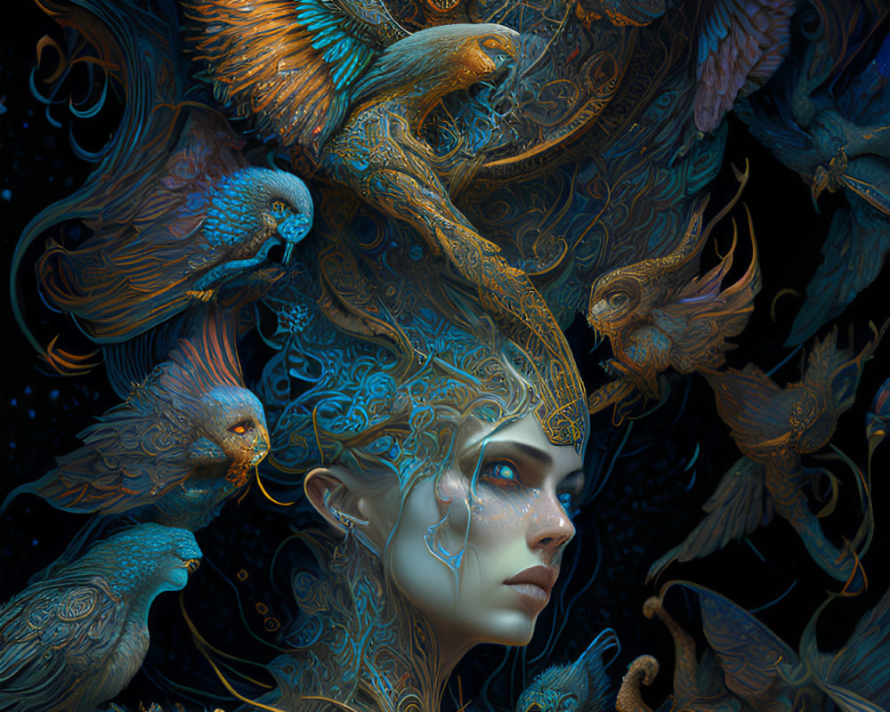 Elaborate Fantasy Portrait with Birds and Clockwork on Dark Background