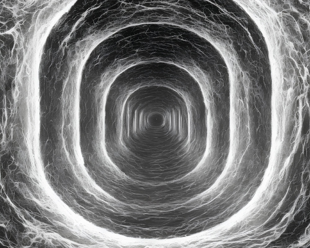 Monochrome abstract art: swirling tunnel pattern with concentric lines