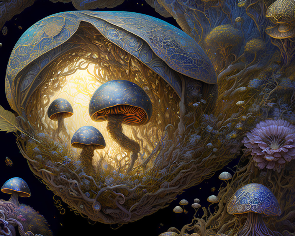 Luminescent Mushrooms and Cosmic Vegetation in Digital Art