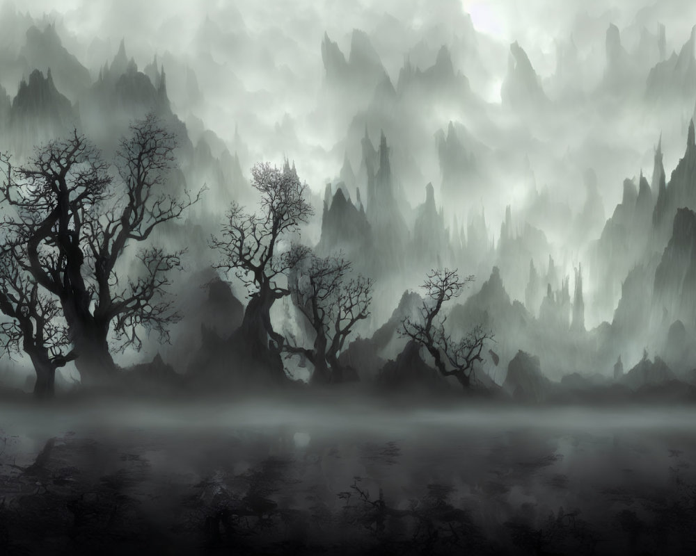 Misty landscape with barren trees and jagged mountains under gloomy sky