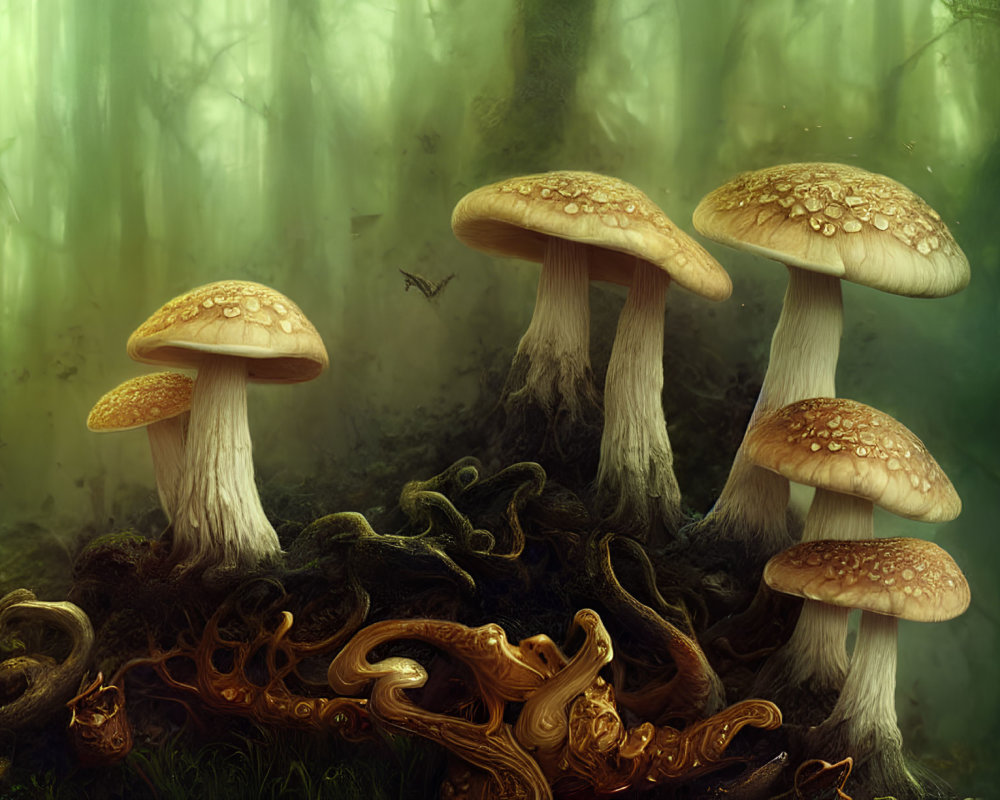 Enchanting forest scene with oversized mushrooms in foggy ambiance