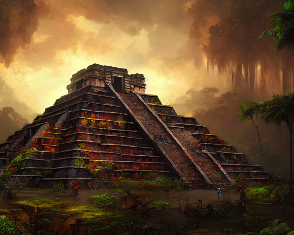 Ancient Mesoamerican Pyramid in Lush Jungle with Dramatic Sky