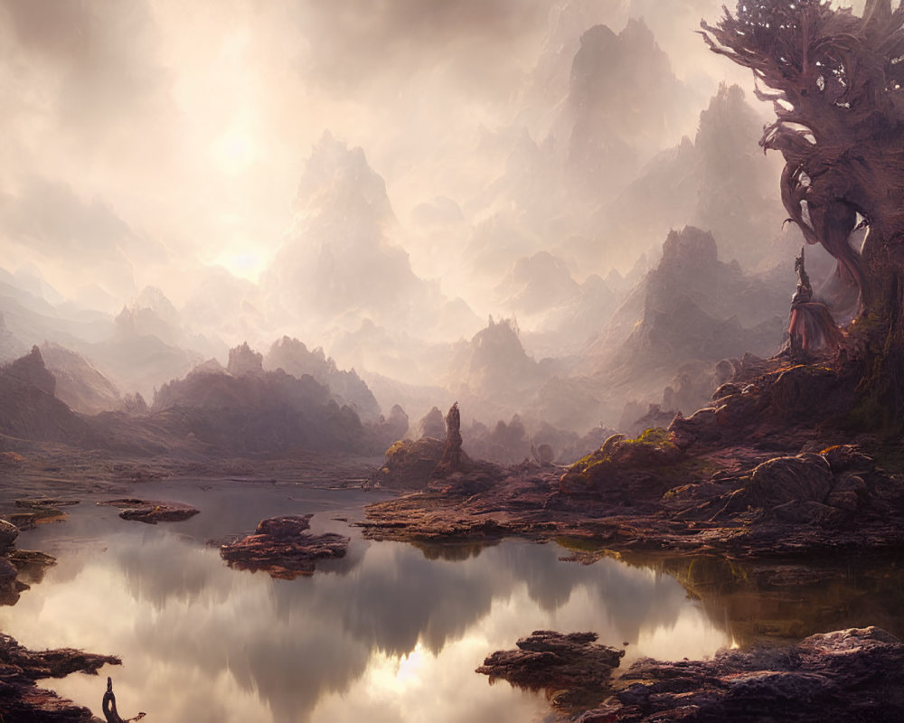 Ethereal landscape with rocky terrain, reflective waters, and mystical tree-like structure