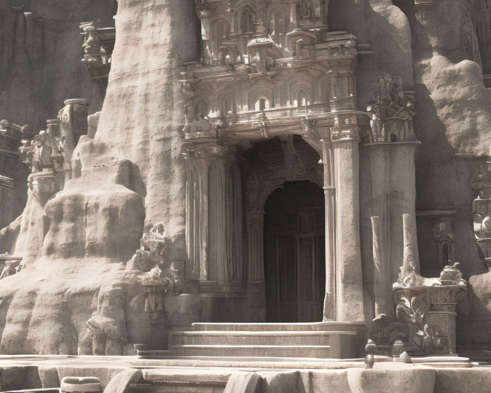 Stone Temple Entrance with Carved Details and Statues on Cliff Face