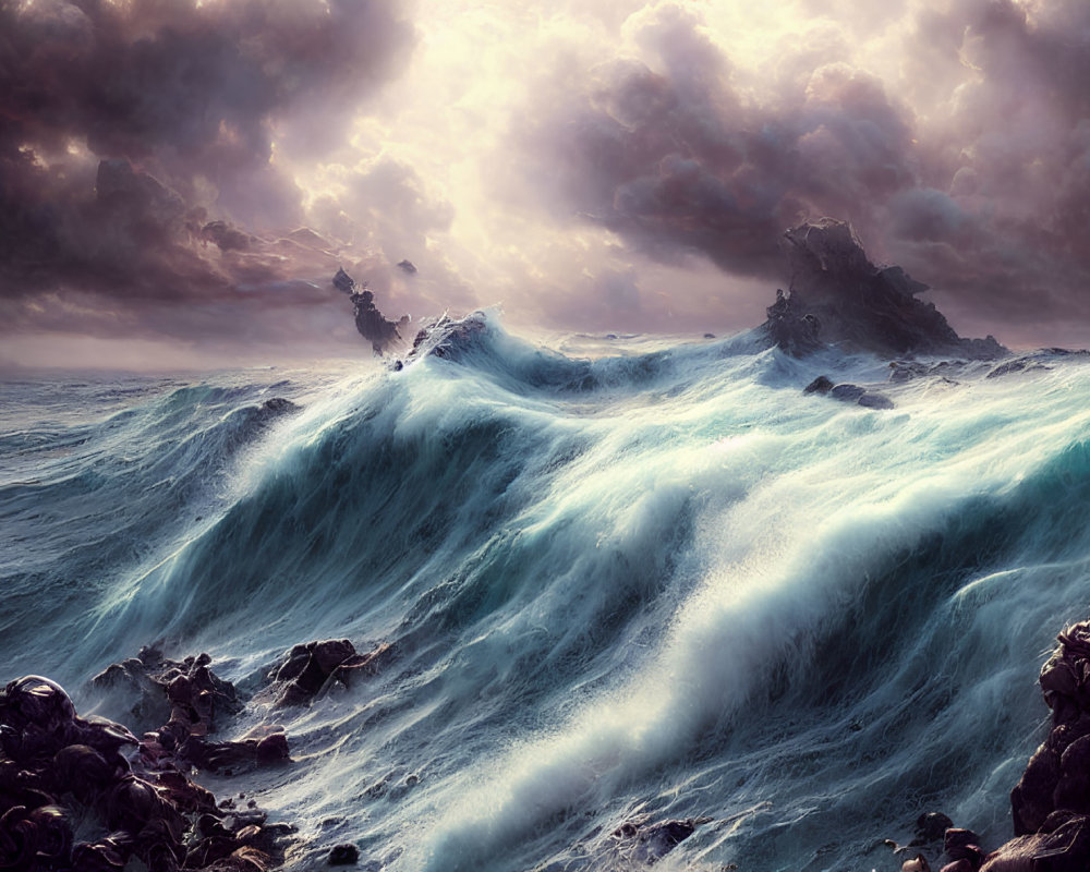 Towering Waves and Turbulent Sky in Dramatic Seascape