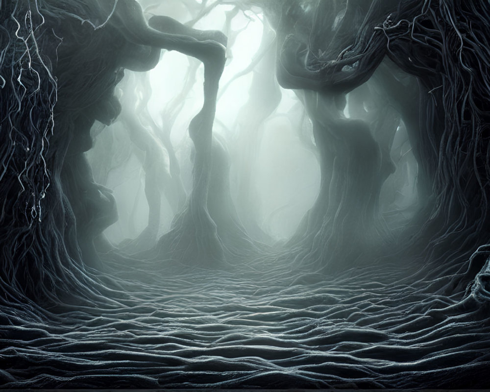 Enchanting forest with twisted trees and ethereal light