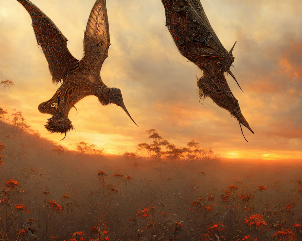 Digital artwork: Two dragon-like creatures flying over sunset field.