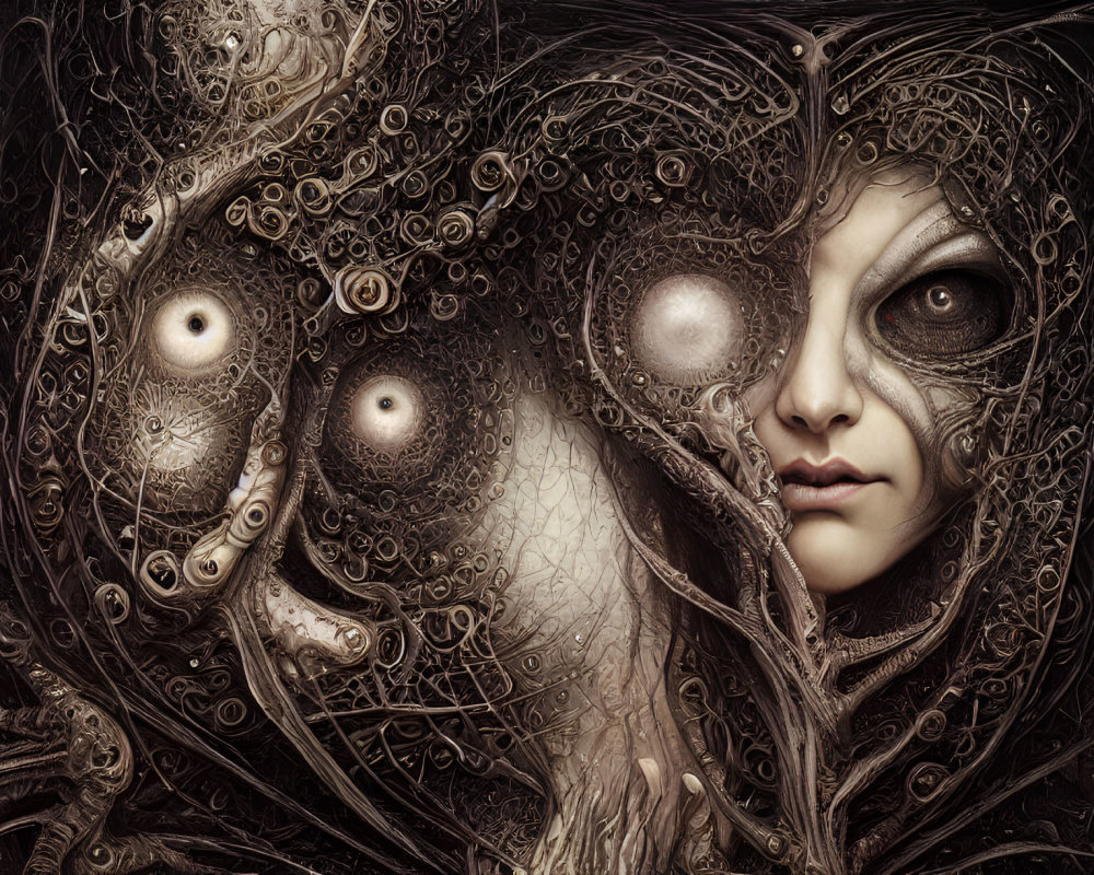 Surreal portrait featuring woman's face with mechanical elements and extra eyes.