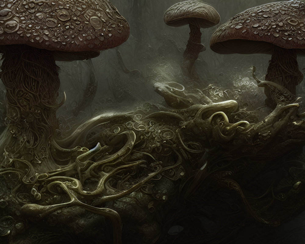 Enchanting artwork of dew-covered mushrooms on textured surface