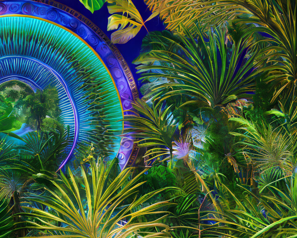 Colorful tropical foliage with blue neon circles in surreal digital scene