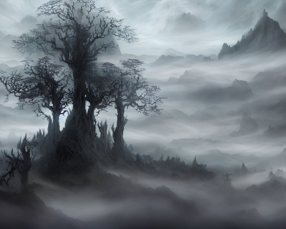 Mystical landscape with silhouetted tree and mist-covered mountains