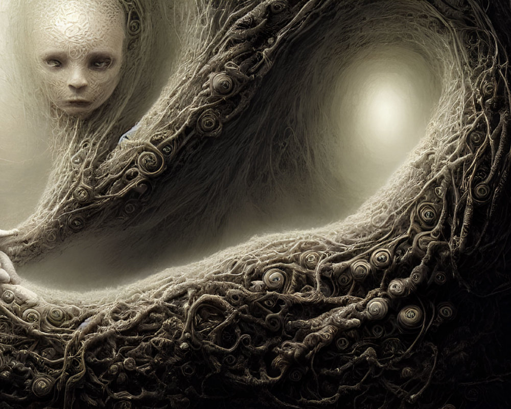 Surreal artwork of large face with eyes and tendrils cradling small figure