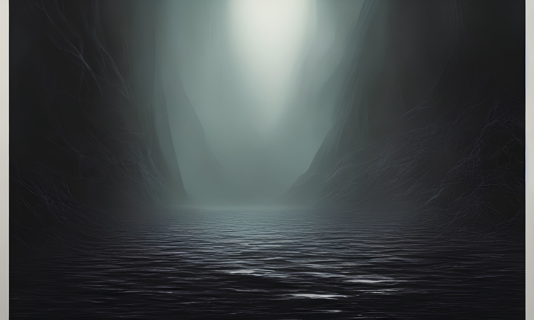 Misty cliffs and dark water in dim light