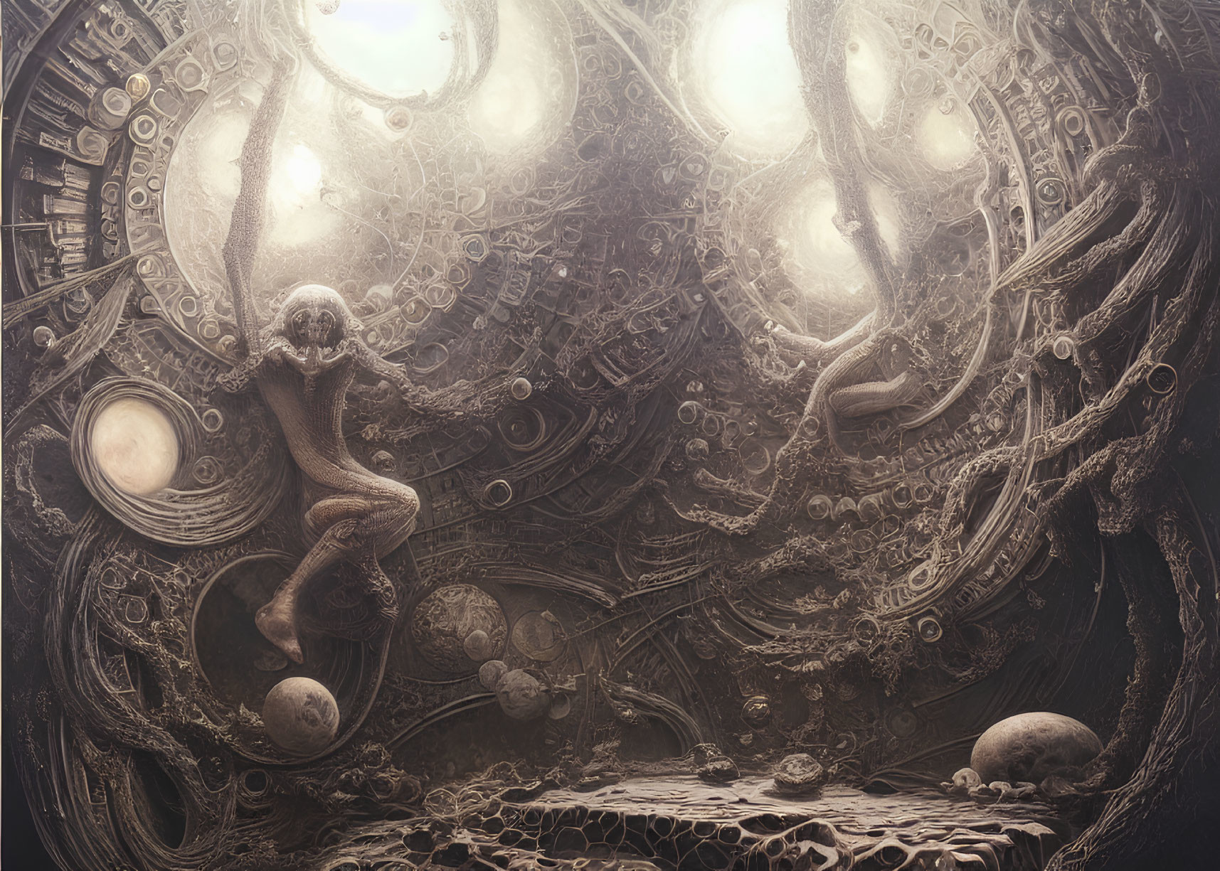 Intricate surreal space with humanoid figure