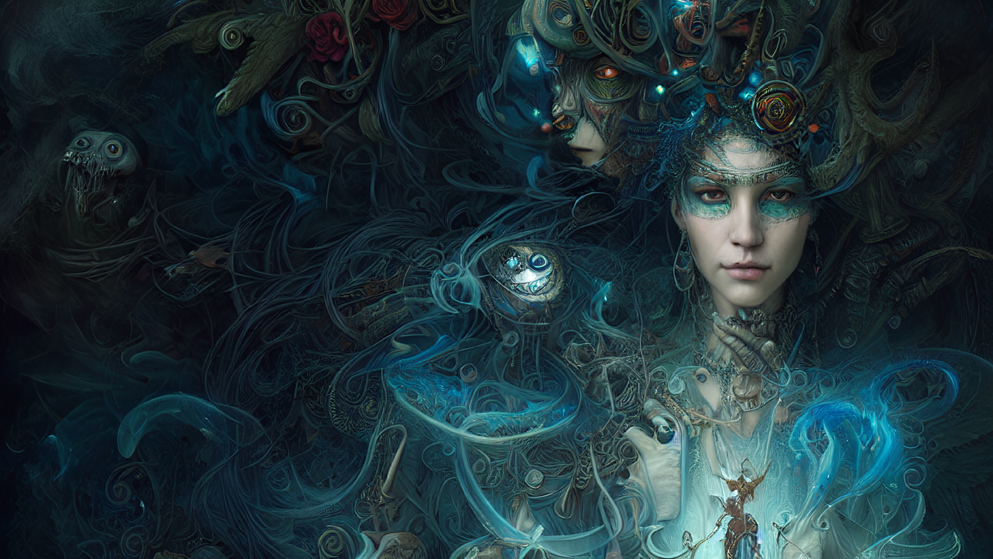 Fantastical digital art: Pale woman with blue and gold headdresses, surrounded by ethereal tendr