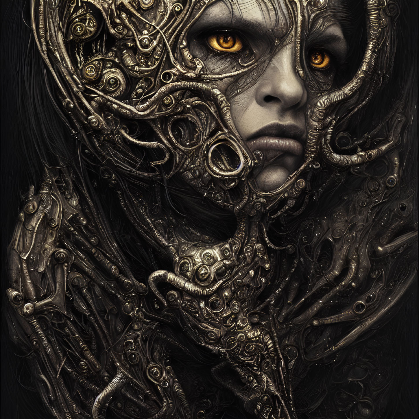 Detailed digital artwork: Person with mechanical hood, intricate gear designs, and glowing yellow eyes.