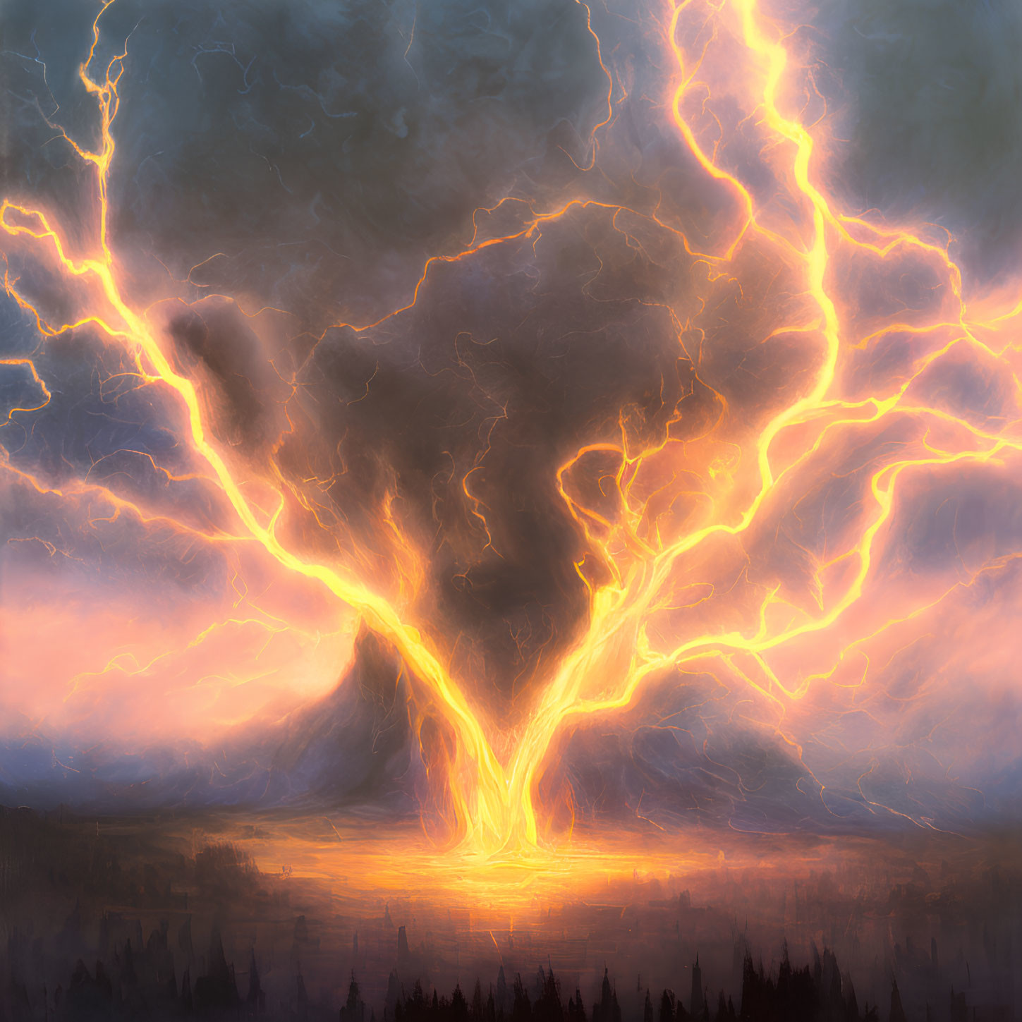 Ethereal landscape with lightning tree against dramatic sky