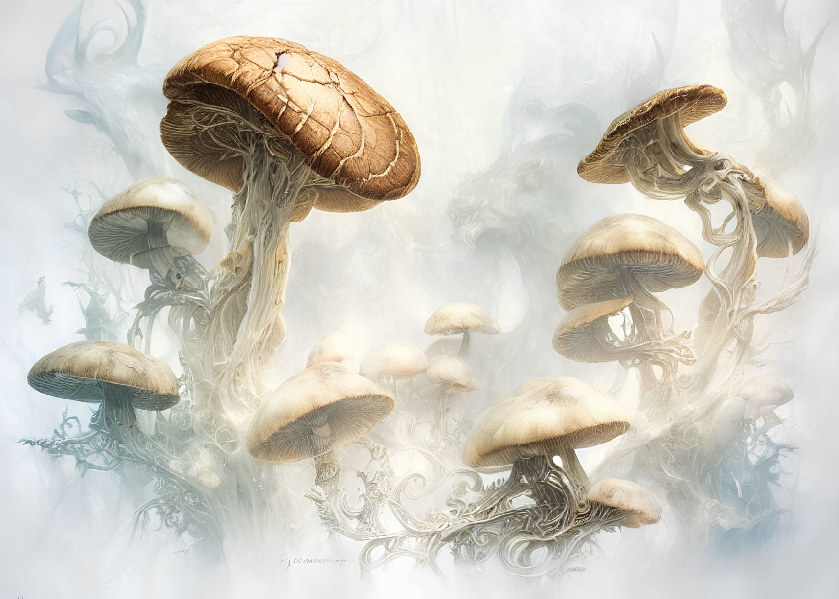 Fantasy illustration: oversized whimsical mushrooms in misty setting