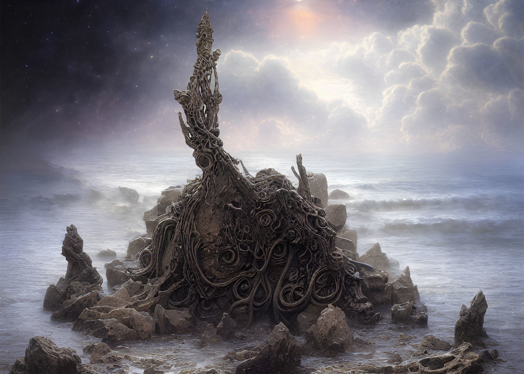 Fantasy-style ornate structure on rocky shore with ocean backdrop