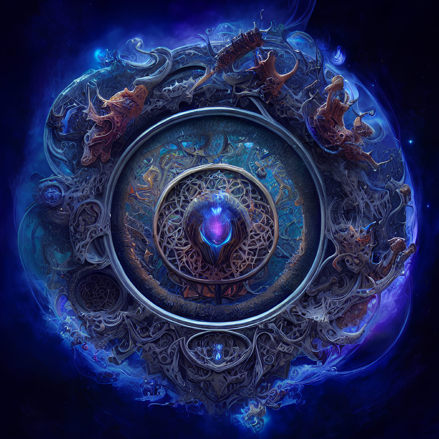 Detailed Digital Artwork: Mystical Circular Amulet with Glowing Core