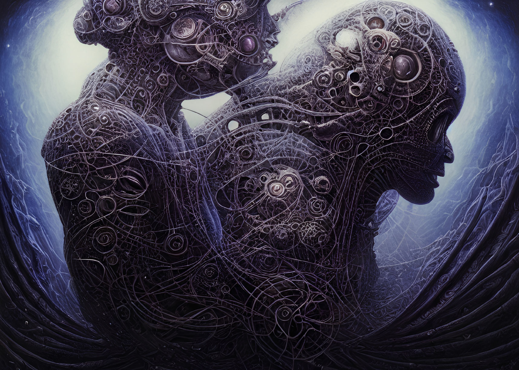 Detailed digital art: humanoid figures with mechanical parts in cosmic setting
