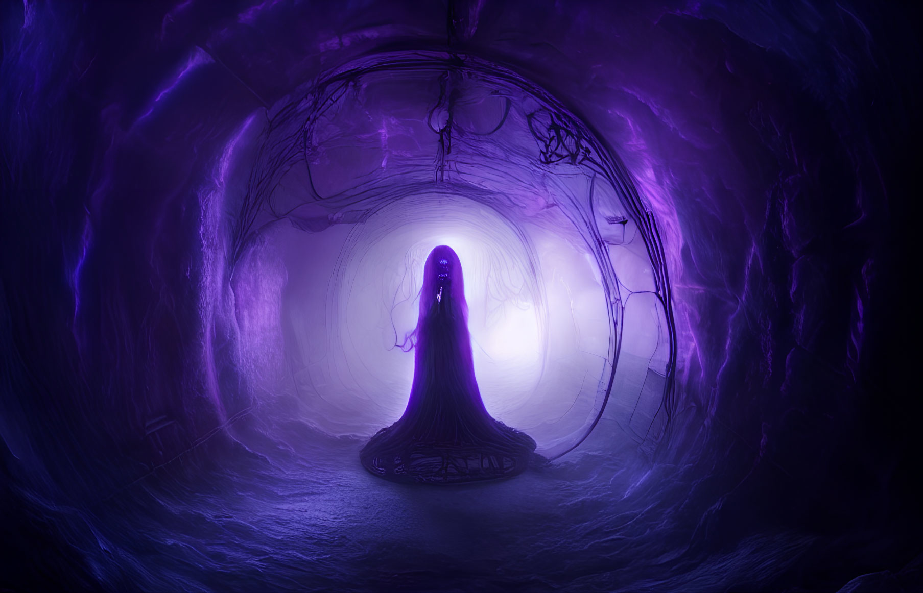 Mystical figure in cloak at center of glowing purple tunnel