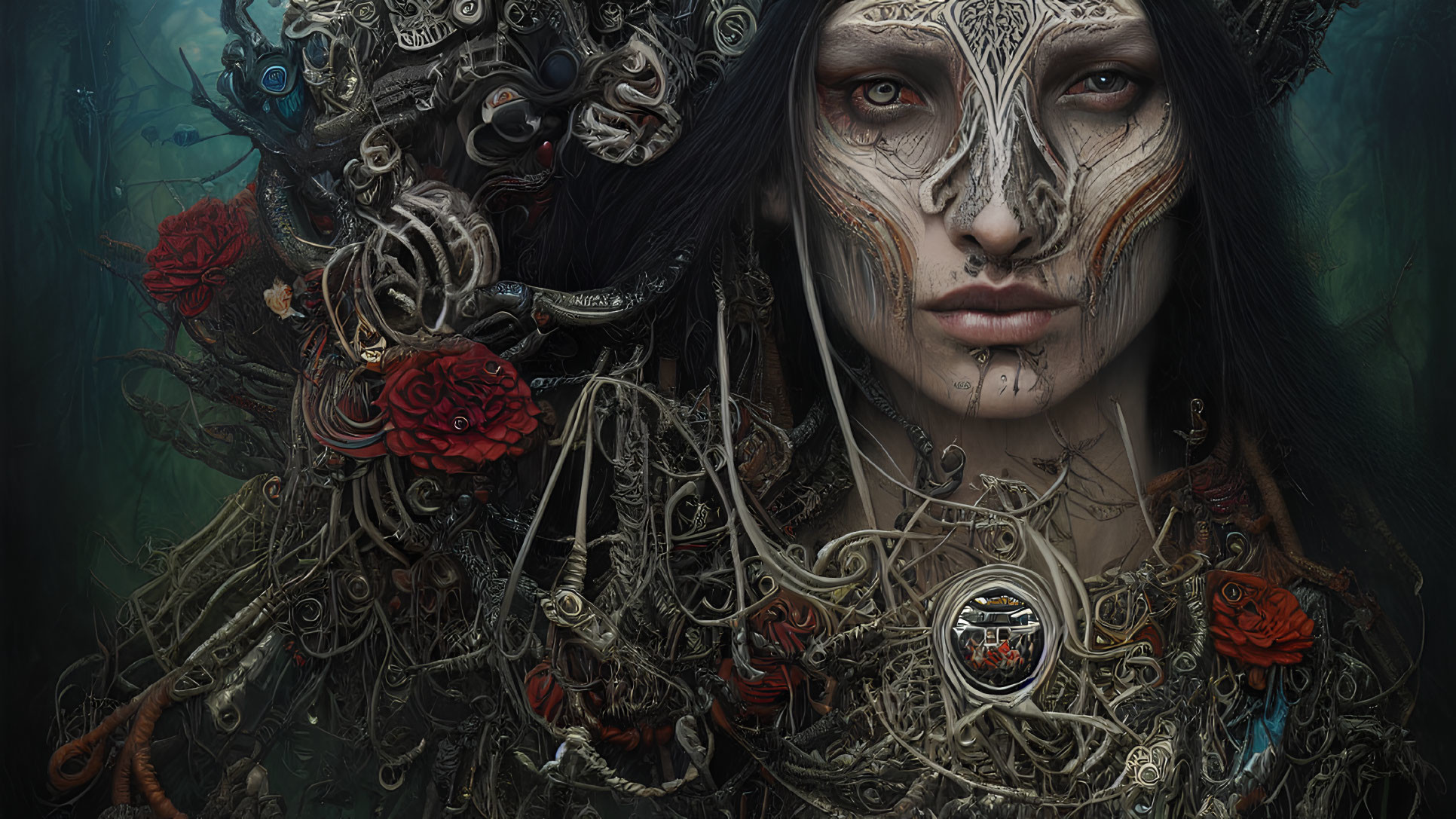 Digital artwork featuring person with intricate tattoos and mechanical adornments intertwined with red roses on dark backdrop