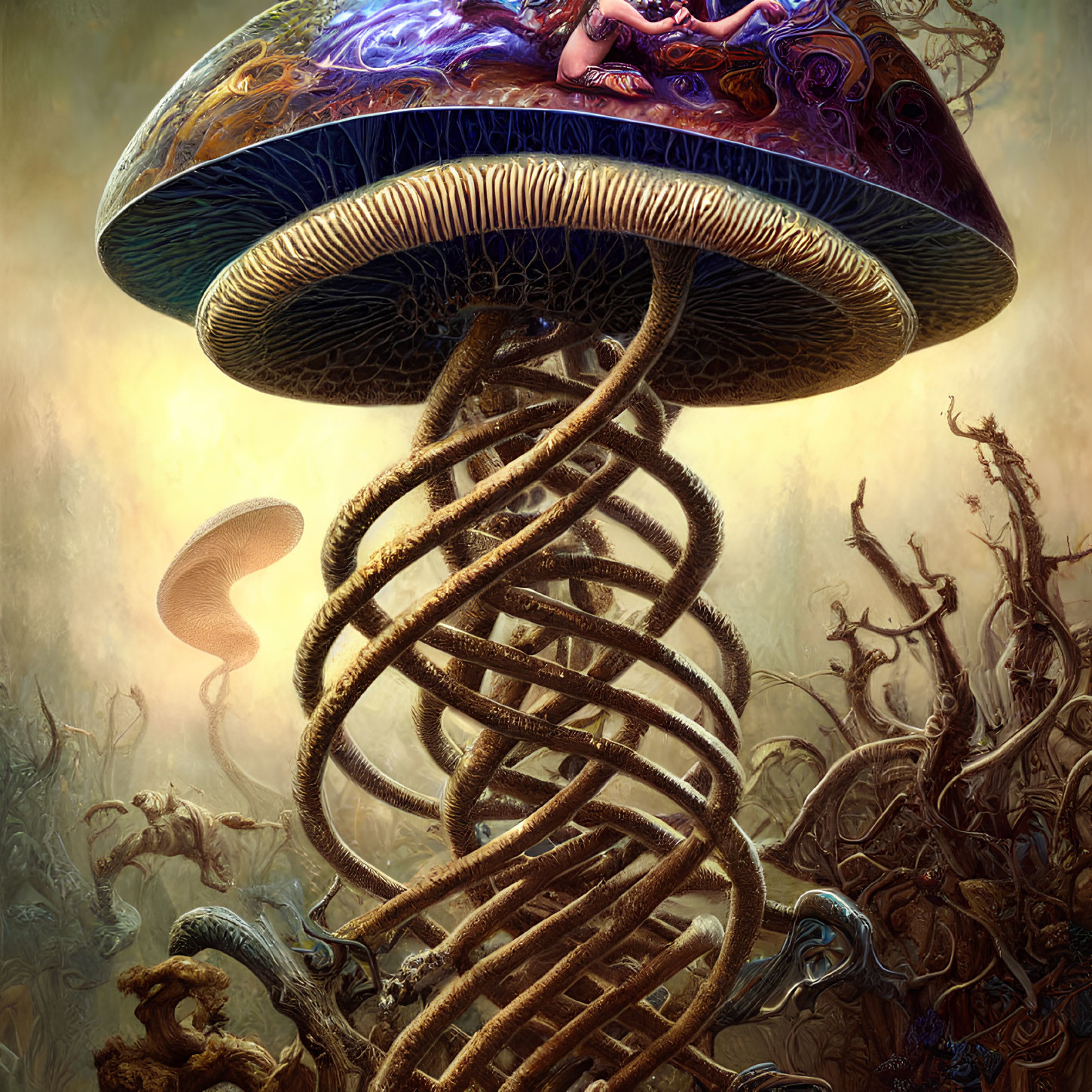 Fantastical image of giant mushroom with spiral staircase in misty setting