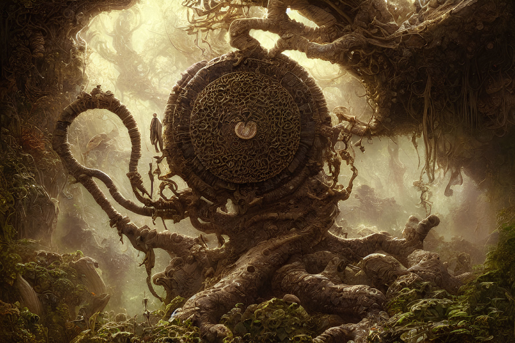 Intricate ancient artifact in mystical forest scene