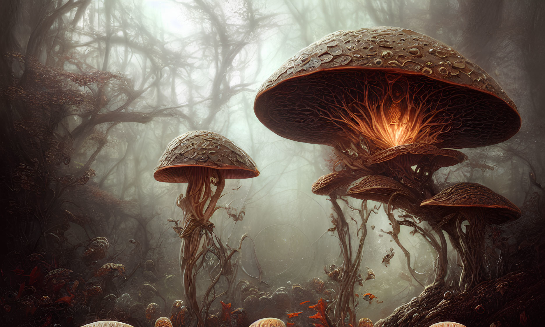 Enchanted forest with oversized glowing mushrooms in foggy setting