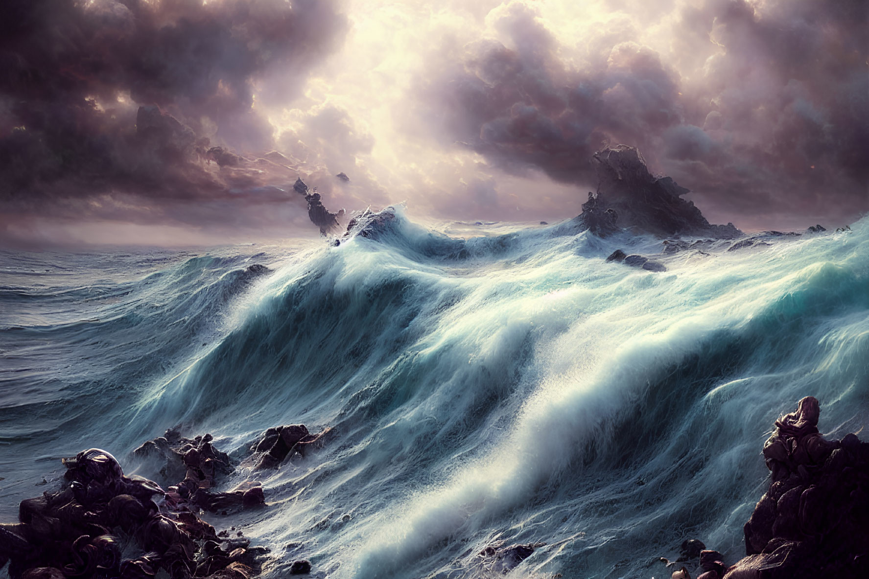 Towering Waves and Turbulent Sky in Dramatic Seascape
