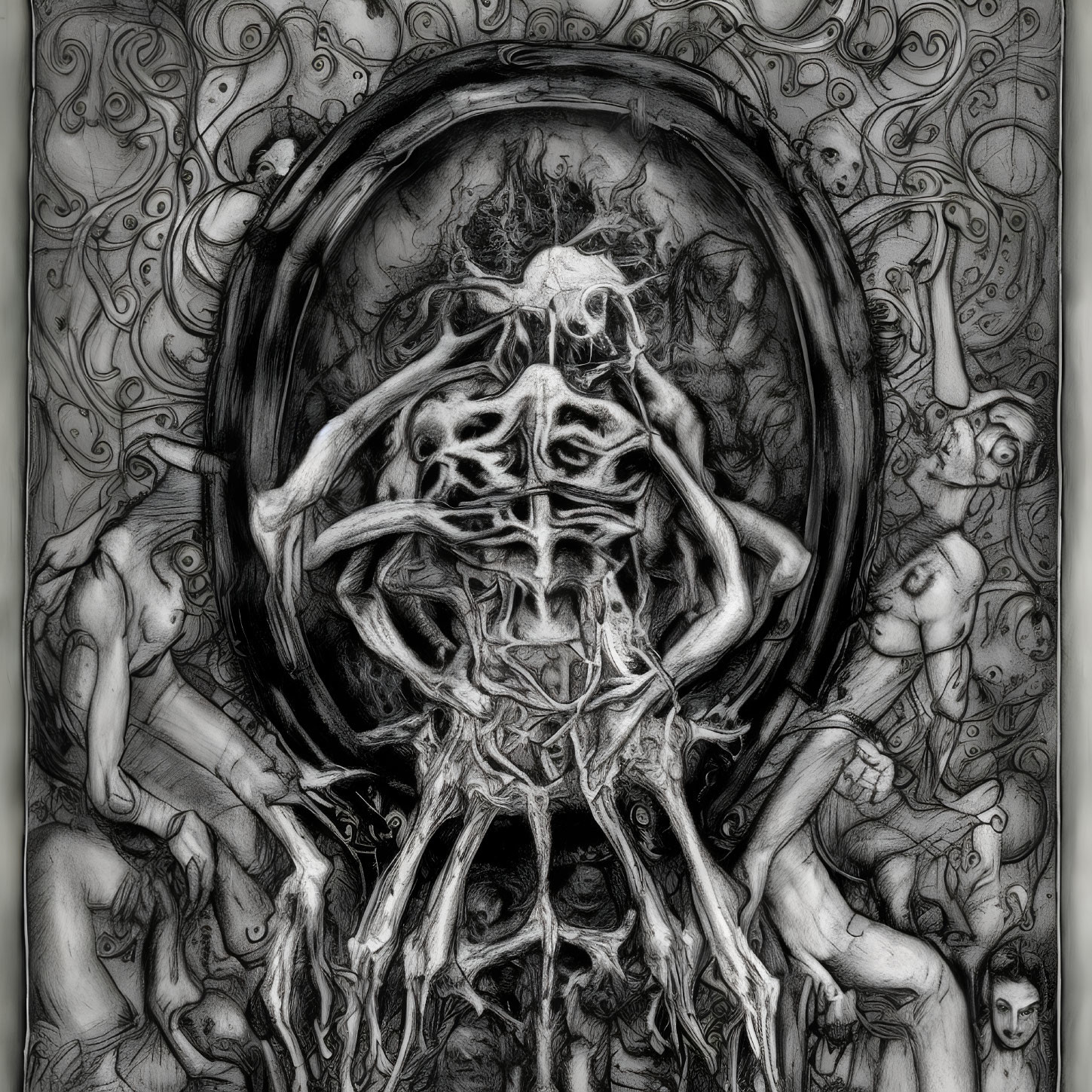 Detailed monochromatic drawing of skeletal figures in circular frame with surreal human shapes.