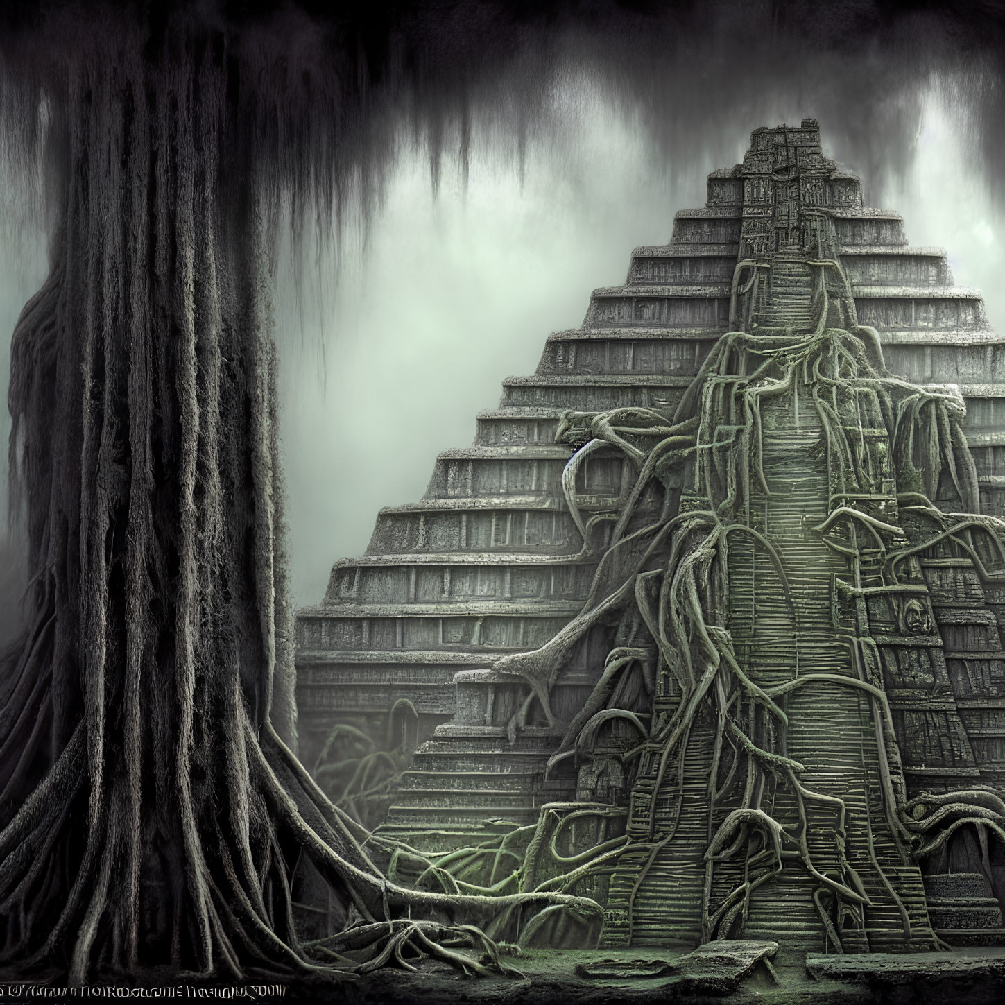 Overgrown pyramid with tree roots in misty setting