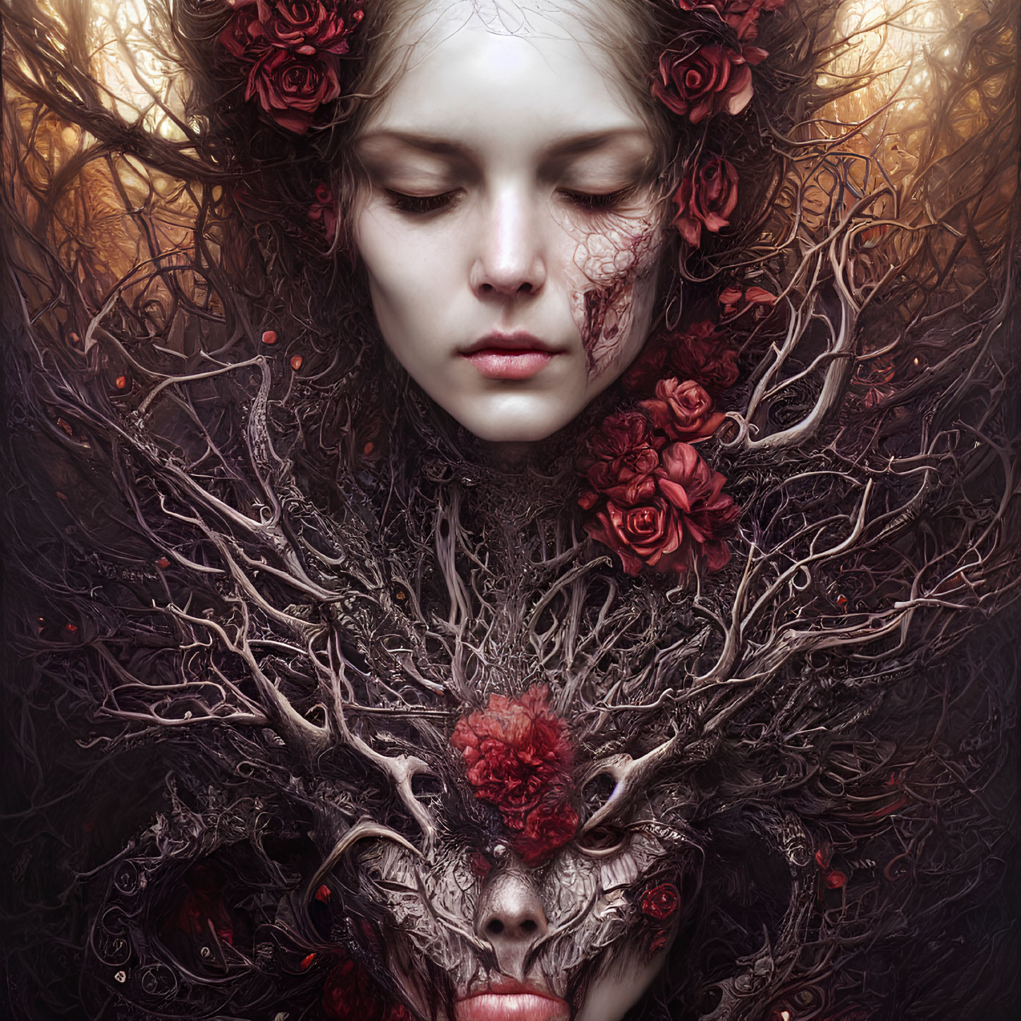 Woman with pale skin, closed eyes, dark branches, red roses, and floral mask reflection.