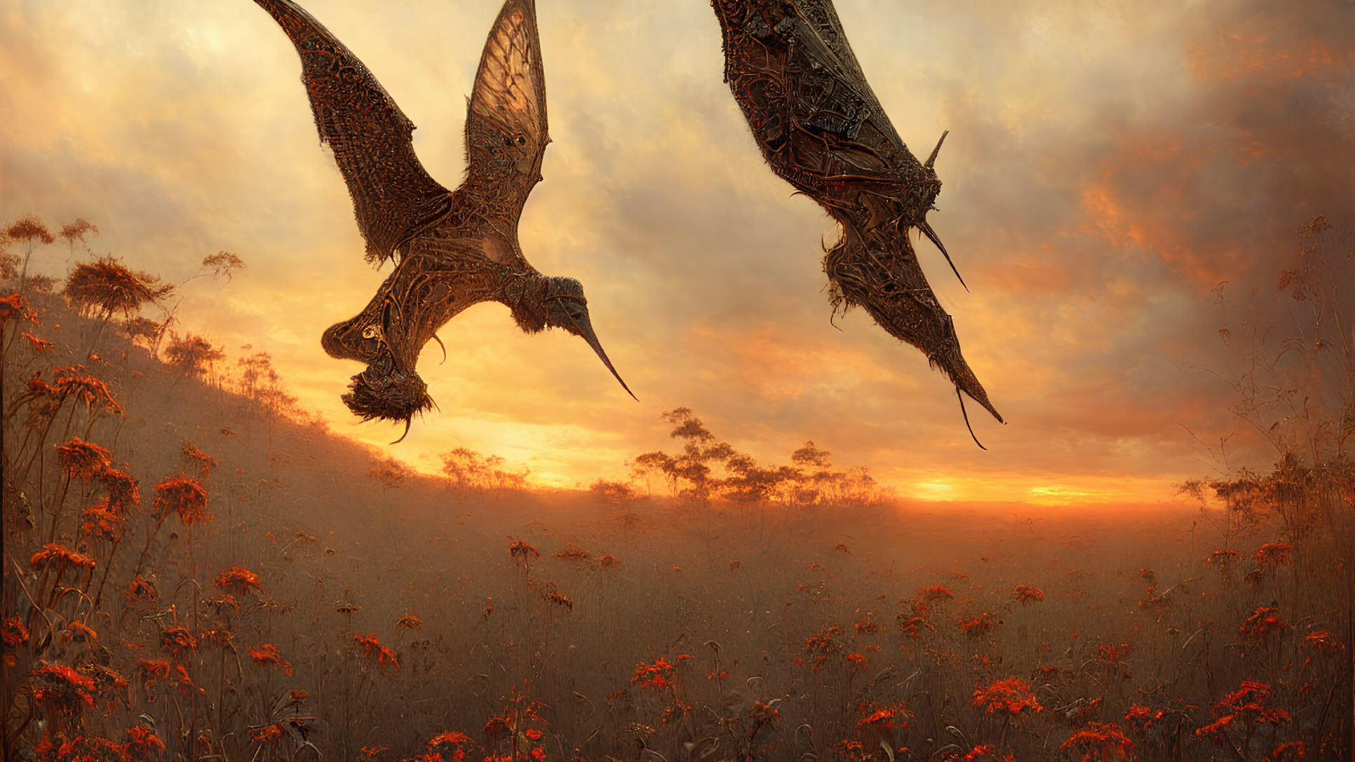 Digital artwork: Two dragon-like creatures flying over sunset field.