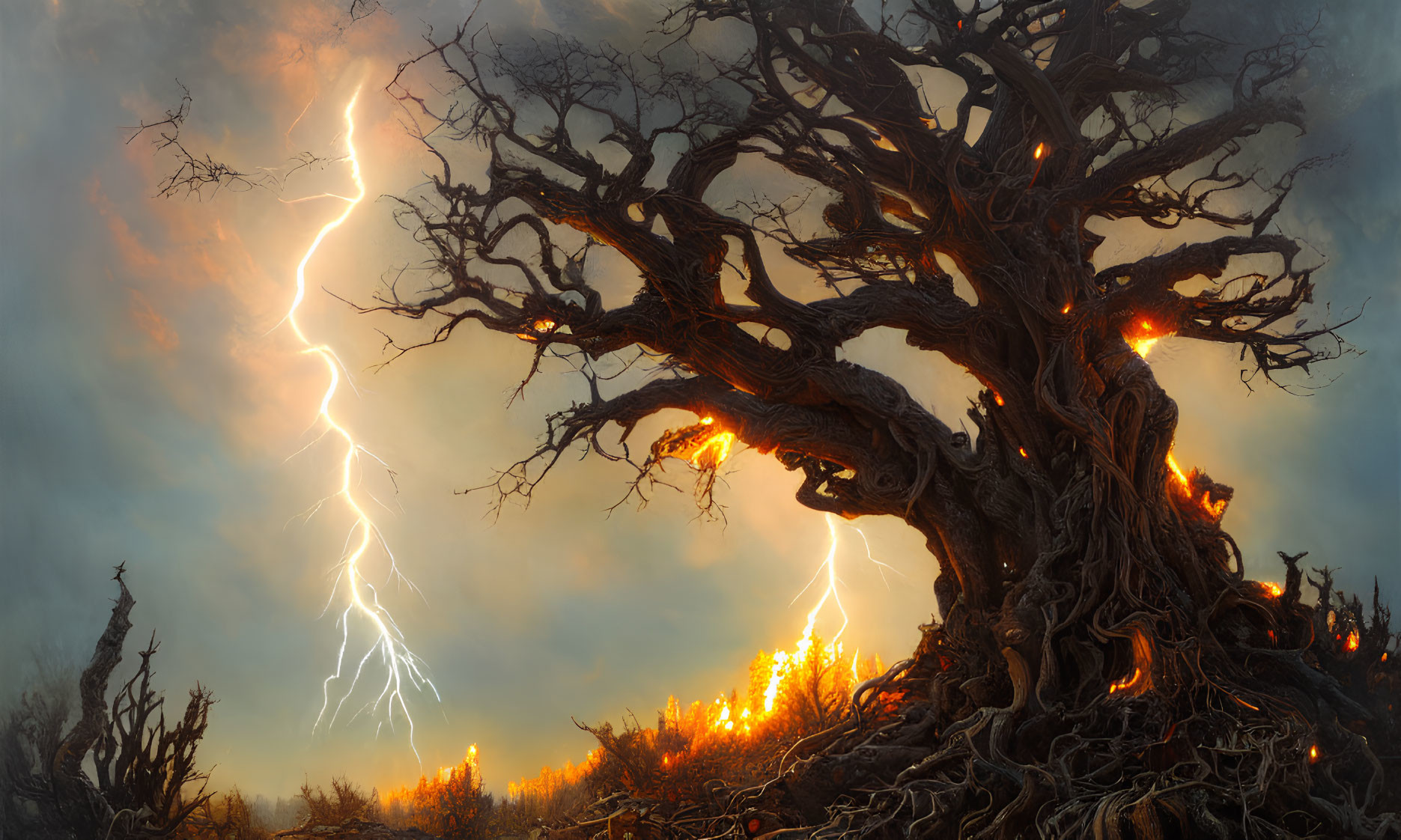 Gnarled tree engulfed in flames with lightning in fiery landscape