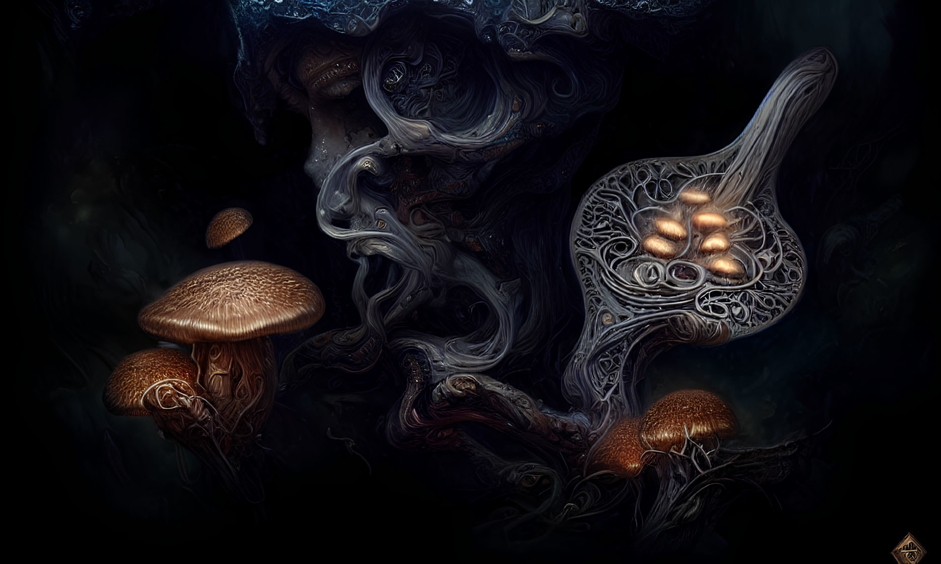 Luminescent Mushroom Artwork with Smoke-like Swirls