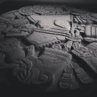 Detailed Black and White Photo of Intricate Ancient Mesoamerican Artifact