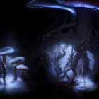 Surreal artwork: Alien and human figures in dark setting observing glowing marine life